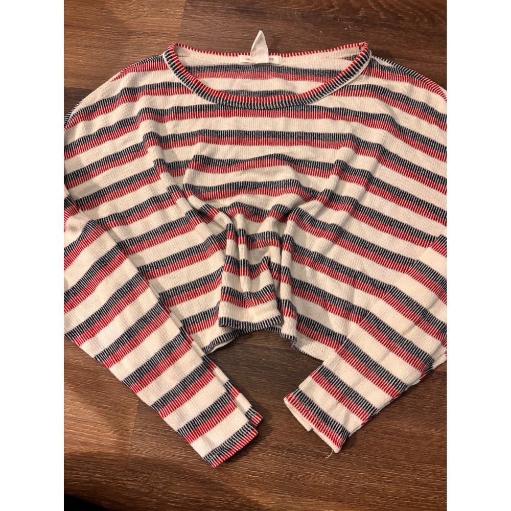 Caution to the Wind Womens Red White Blue Striped Long Sleeve Crop Top Sweater